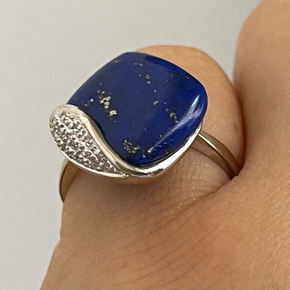 10k white gold lapis lazuli tiny diamonds ring size 8 1/4 - Picture 5 of 11